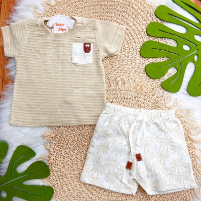 Conj. Camiseta Surf Club e Bermuda em Moletinho Coqueiros - Areia e Off White
